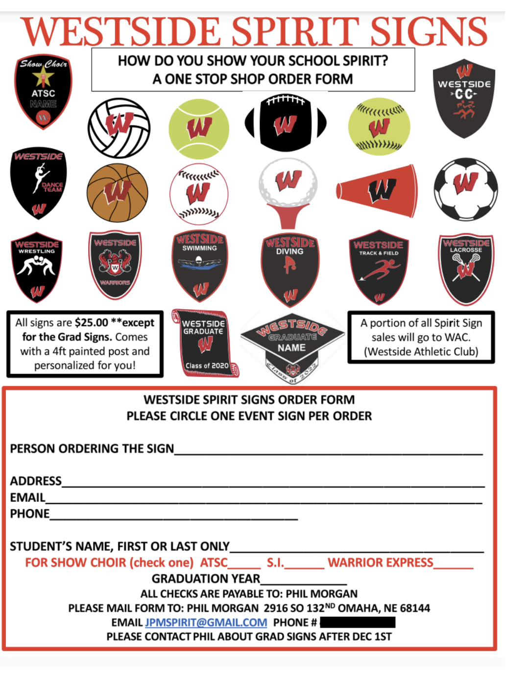 Westside Spirit Signs Order Form - Complete form showing all available sign designs and order information